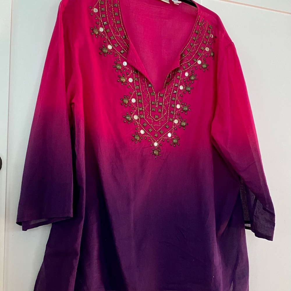TIE DYE PINK PURPLE EMBELLISHED PEASANT TOP CHICOS XL NWOT